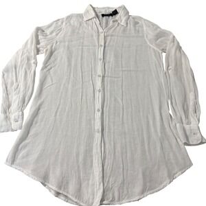 Raviya White Rayon Gauze‎ Button Down Tunic Roll Tab Sleeve Swim Cover Up Small